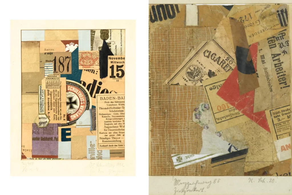 Курт Швиттерс, коллажные работы: Merz 458 Wriedt, 1922 год/ Merz-drawing 85, Zig-Zag Red, 1920 год